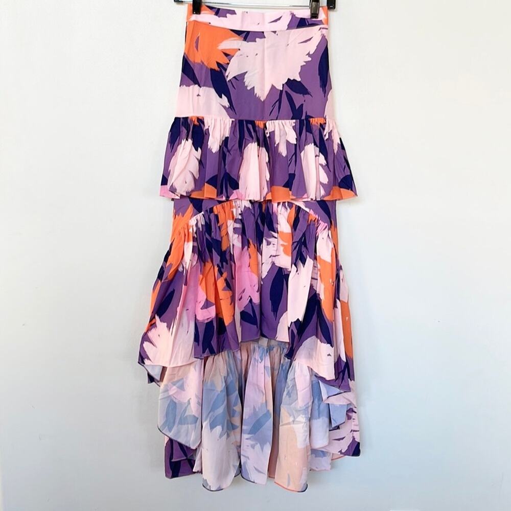 NEW Praia Women’s SIZE S High Low Ruffle Tiered Skirt Abstract Elastic Waist